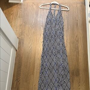 Tart Navy and White Geometric Halter Maxi Dress